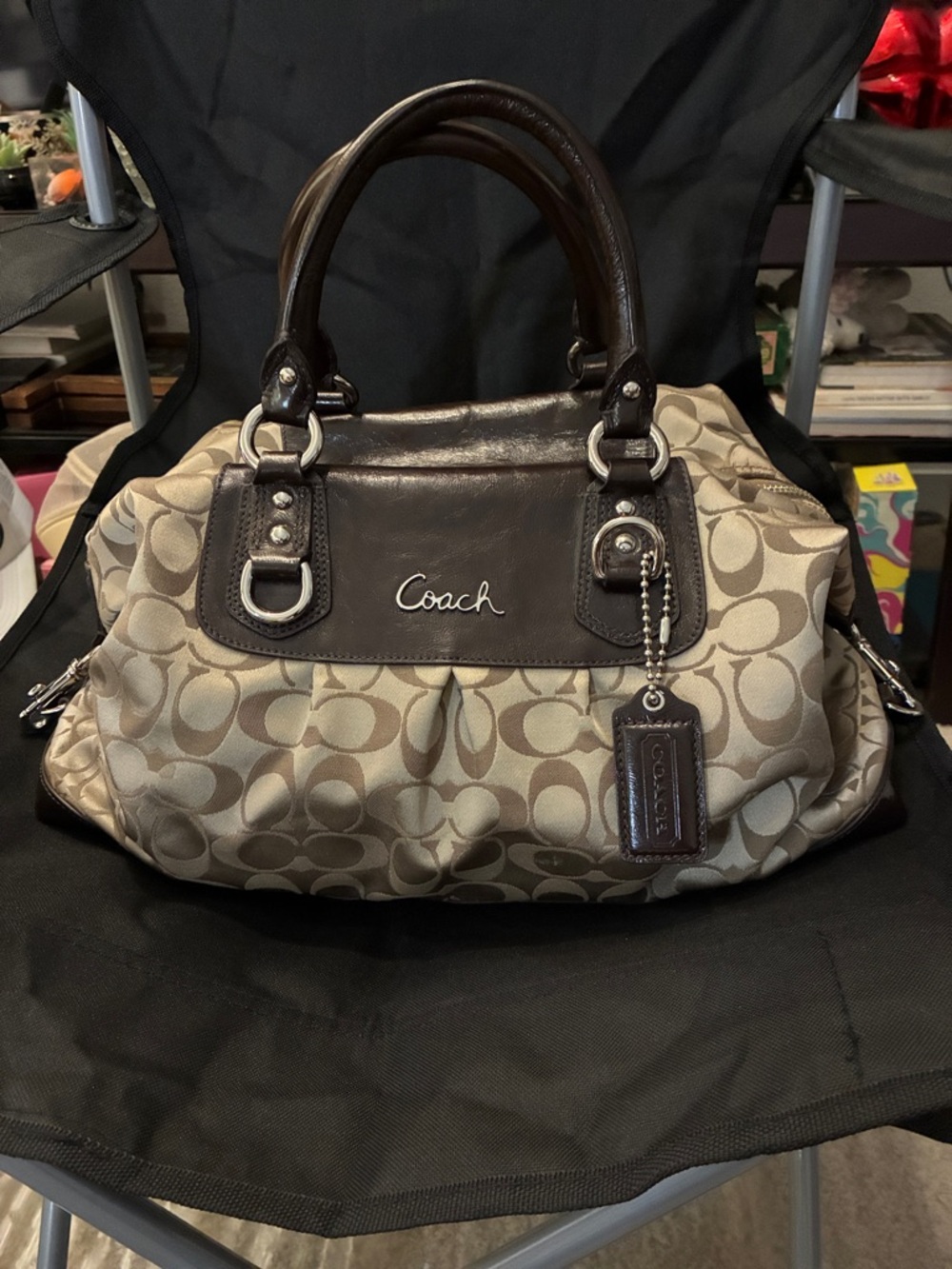 Coach Signature Satchel Brown Tan Canvas Leather Trim Handbag with hang tag